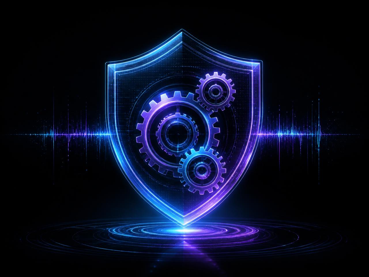 Glowing holographic shield with maintenance gears representing website care plans