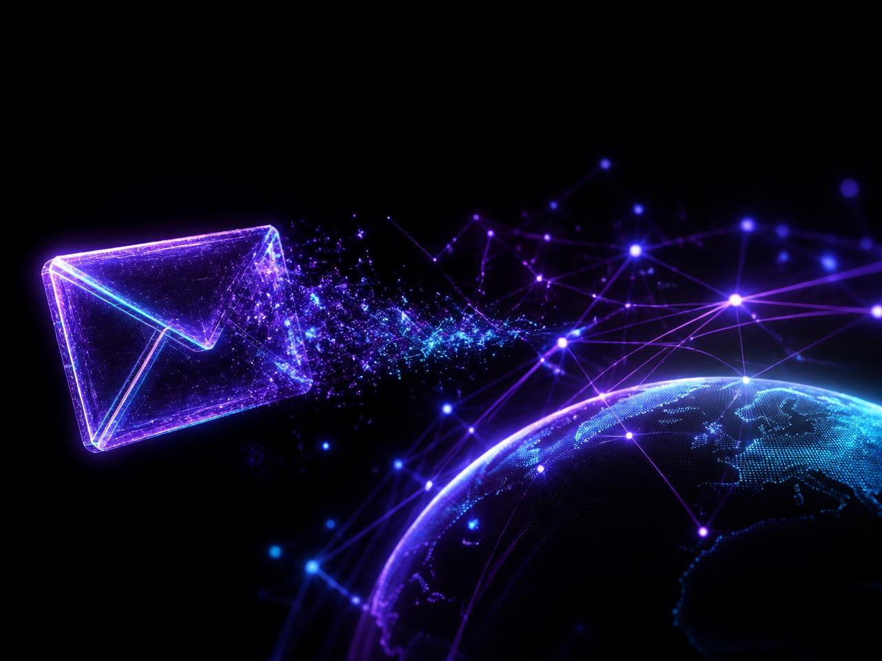 Glowing holographic message travelling across a global network
