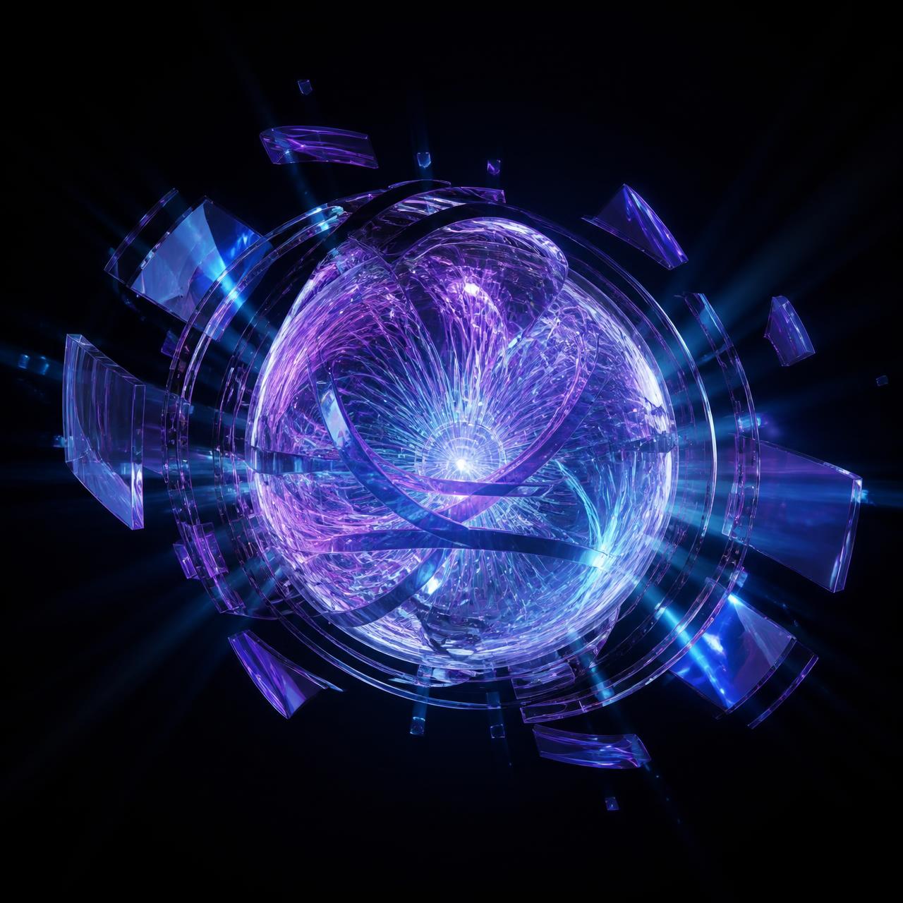 Abstract glowing AI neural core with orbiting glass shards